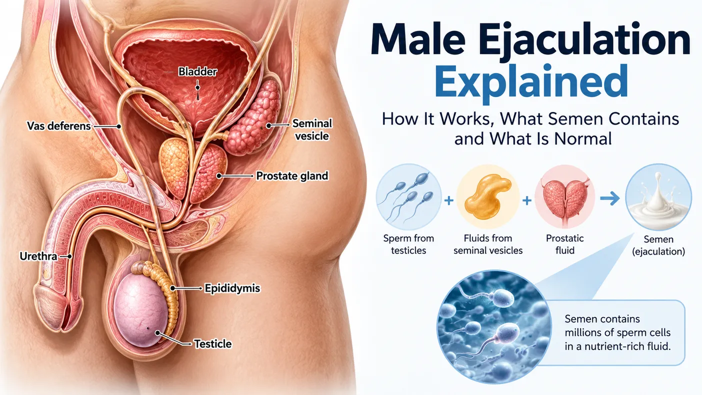 Male Ejaculation Explained: How It Works, Semen & What Is Normal 1 Medical illustration explaining the male reproductive system and how ejaculation works.