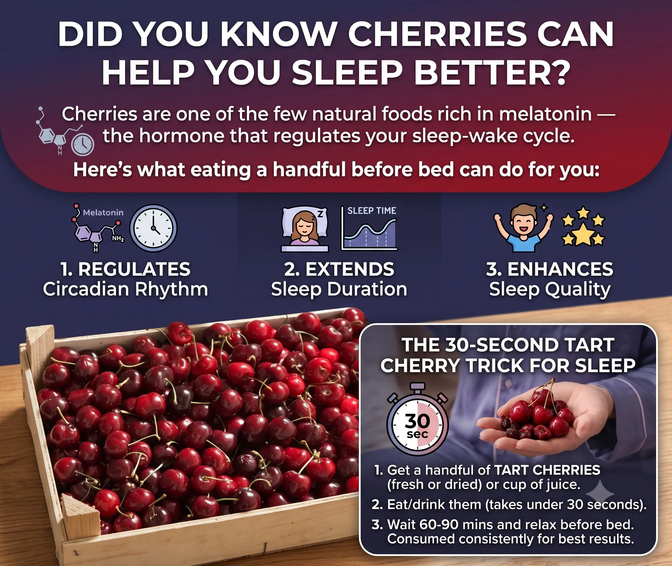 An infographic detailing how cherries improve sleep. It lists three key benefits (regulating rhythm, extending duration, enhancing quality) and provides instructions for 'The 30-Second Tart Cherry Trick for Sleep,' featuring photos of cherries.
