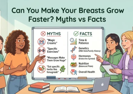 educational illustration featuring Breasts Grow Faster? Myths vs Facts