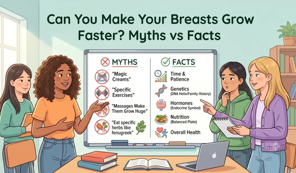 educational illustration featuring Breasts Grow Faster? Myths vs Facts
