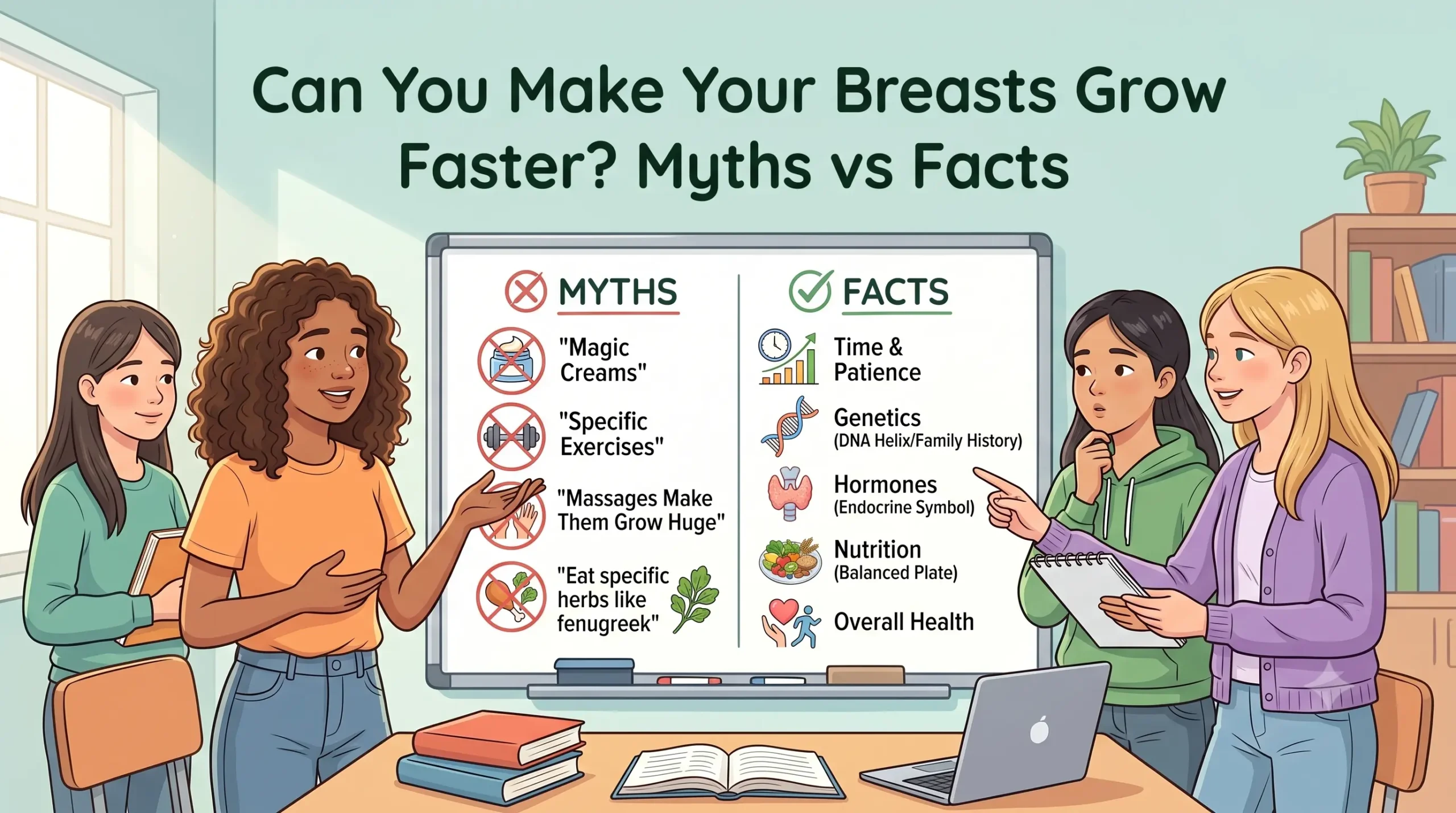 educational illustration featuring Breasts Grow Faster? Myths vs Facts