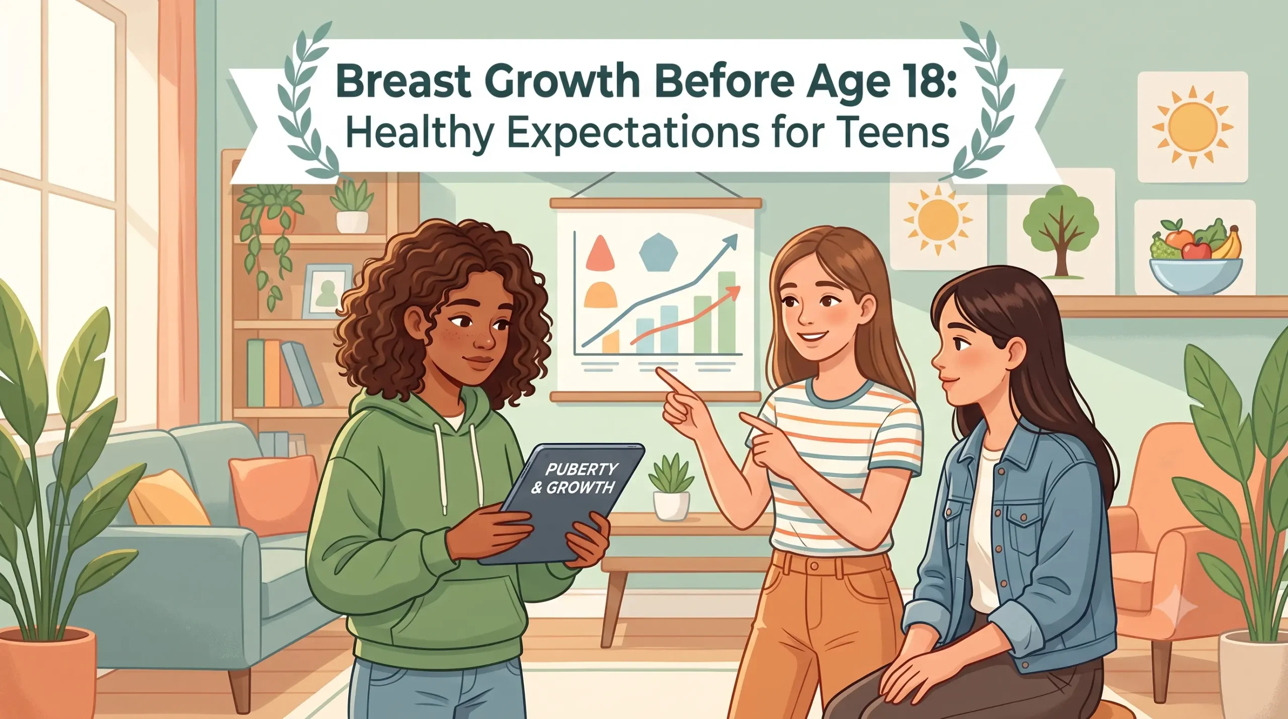 girls reviewing puberty development charts.
