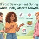Illustration of teenage girls discussing puberty, health, and natural breast growth factors.