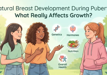 Illustration of teenage girls discussing puberty, health, and natural breast growth factors.
