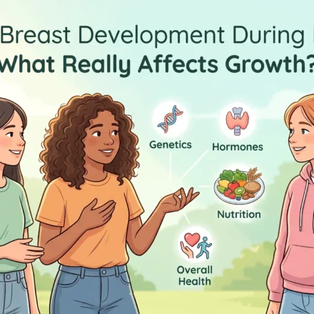 Illustration of teenage girls discussing puberty, health, and natural breast growth factors.