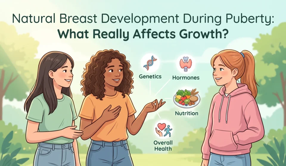 Illustration of teenage girls discussing puberty, health, and natural breast growth factors.