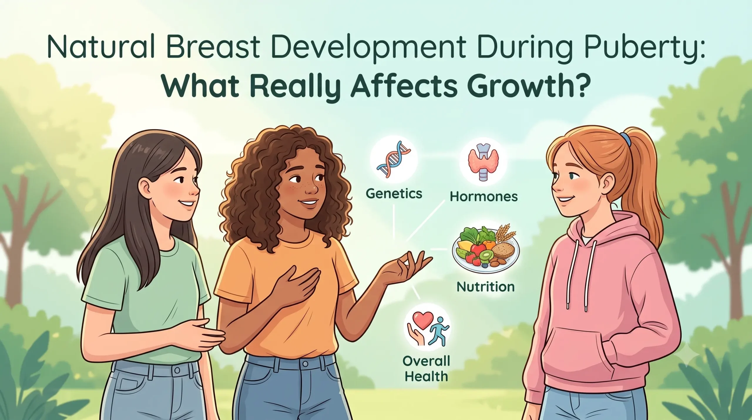 Illustration of teenage girls discussing puberty, health, and natural breast growth factors.