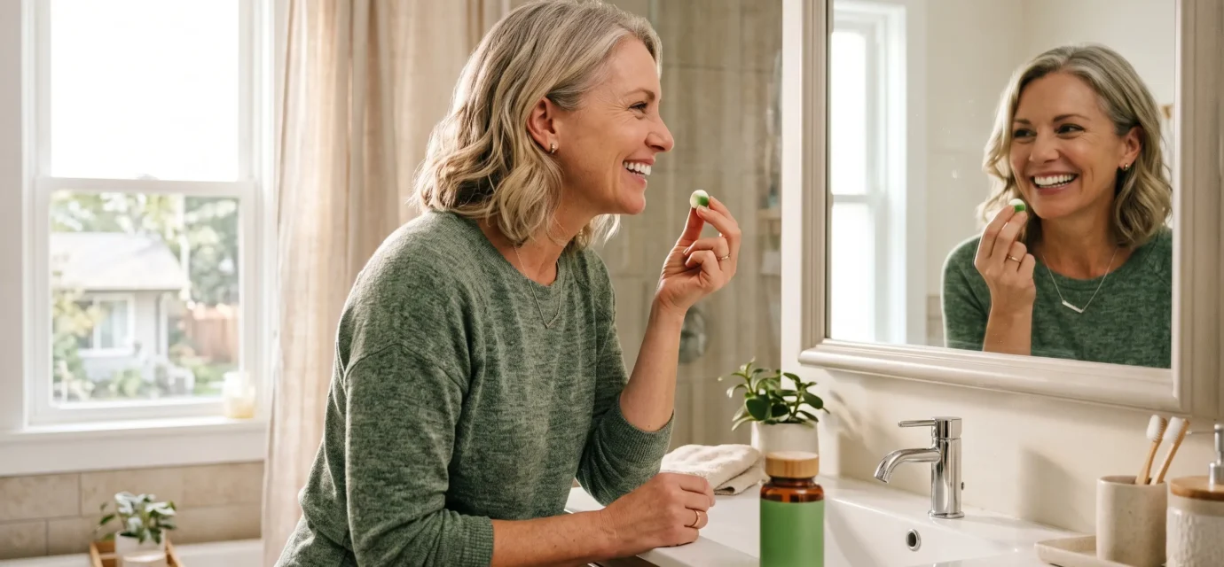 happy women looking her gum
