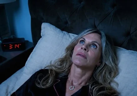 person lying awake in bed at night unable to sleep , looking at the clock 3am