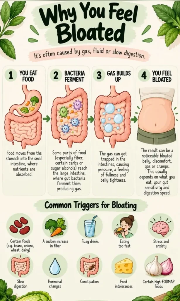 Why Am I Bloated Every Afternoon? 10 Common Causes 2 Infographic showing why you feel bloated, including the 4-step digestion process and 10 common bloating triggers like FODMAP foods, stress, and constipation