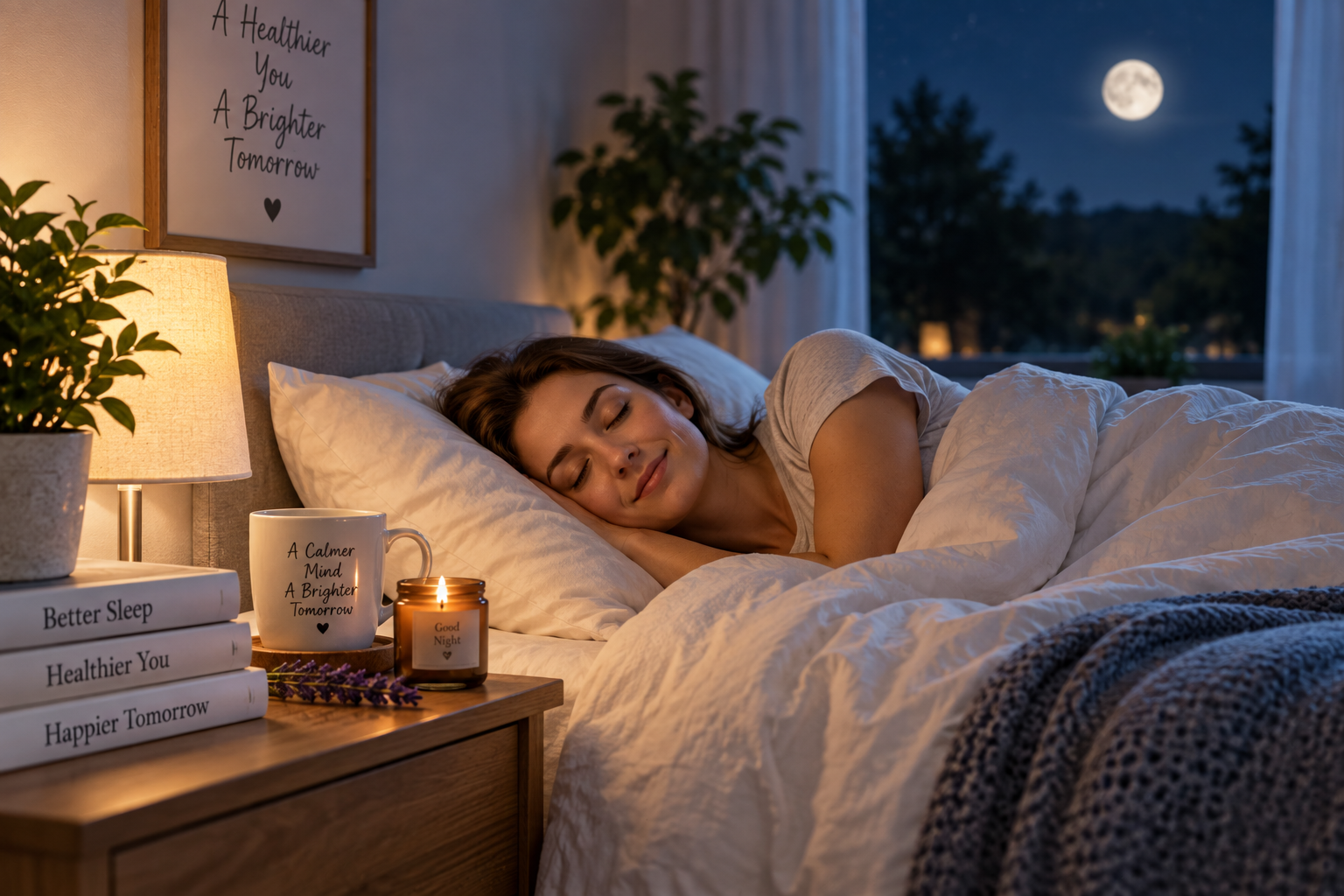 Peaceful nighttime bedroom scene representing natural, medication-free sleep