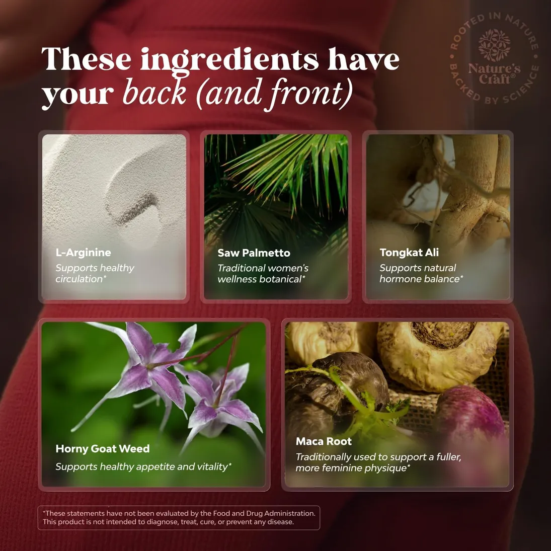 Ingredient overview: L-Arginine, Saw Palmetto, Tongkat Ali, Horny Goat Weed, Maca Root